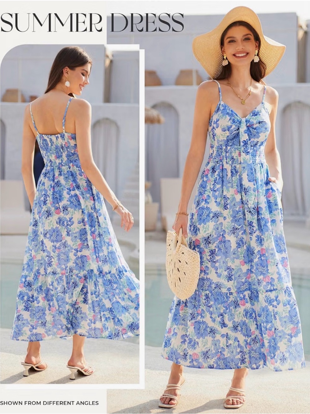 Grace Karin Blue Floral Spaghetti-Strap Maxi Dress
